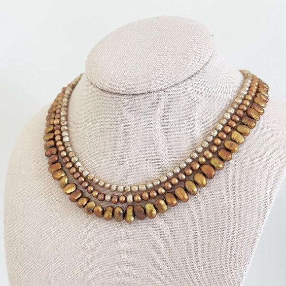 Vintage 14K Yellow Gold Triple Strand Genuine Brown Pearl Round Baroque Necklace - Picture 3 of 10